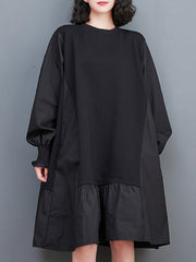 Pleated Solid Color Split-Joint Loose Puff Sleeves Round-neck Midi Dresses