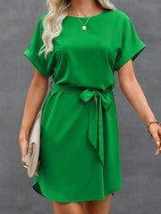 Solid Color Tied Waist Loose Short Sleeves Round-Neck Mini Dresses