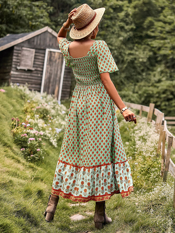 Bohemia Flared Sleeves Loose Floral Printed U-Neck Maxi Dress