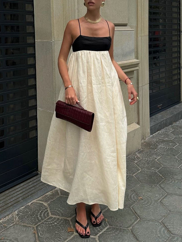 Contrast Color Pleated Split-Joint A-Line Loose Spaghetti-Neck Maxi Dresses