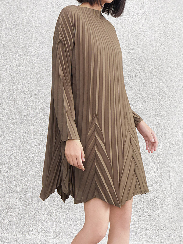 Pleated Solid Color A-Line Long Sleeves Round-Neck Mini Dresses
