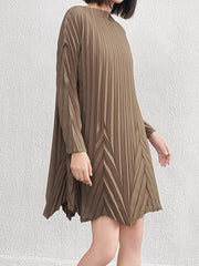 Pleated Solid Color A-Line Long Sleeves Round-Neck Mini Dresses