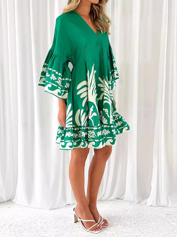 Flower Print Pleated Split-Joint A-Line Flared Sleeves V-Neck Mini Dresses
