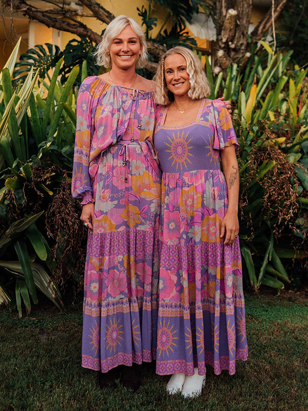 Bohemia Long Sleeves Loose Floral Printed Round-Neck Maxi Dress