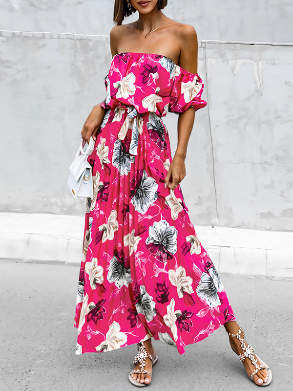Elasticity Flower Print Pleated Split-Joint Tied Waist A-Line Loose Off-The-Shoulder Maxi Dresses