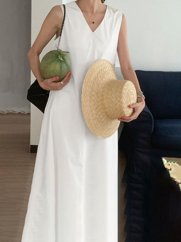Solid Color Loose Sleeveless V-Neck Midi Dresses