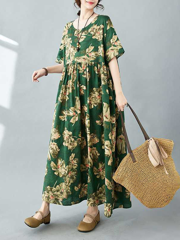 Flower Print Pleated Pockets Half Sleeves Loose Round-neck Midi Dresses