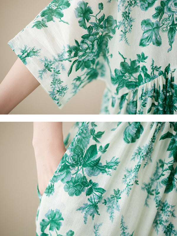 Floral Printed Pleated Split-Joint Loose Short Sleeves Round-Neck Midi Dresses