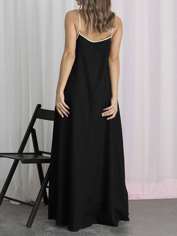 Split-Joint A-Line Loose Spaghetti-Neck Maxi Dresses