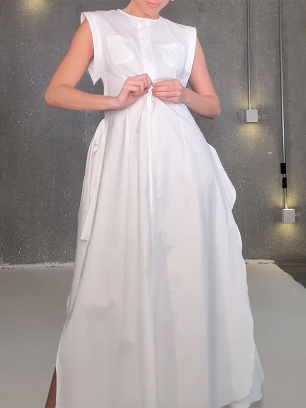Buttoned Solid Color Split-Side Tied Waist Cap Sleeve Loose Shirt Dress Maxi Dresses