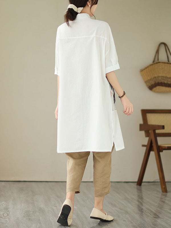 Printed Split-Joint Split-Side Loose Short Sleeves Lapel Midi Dresses