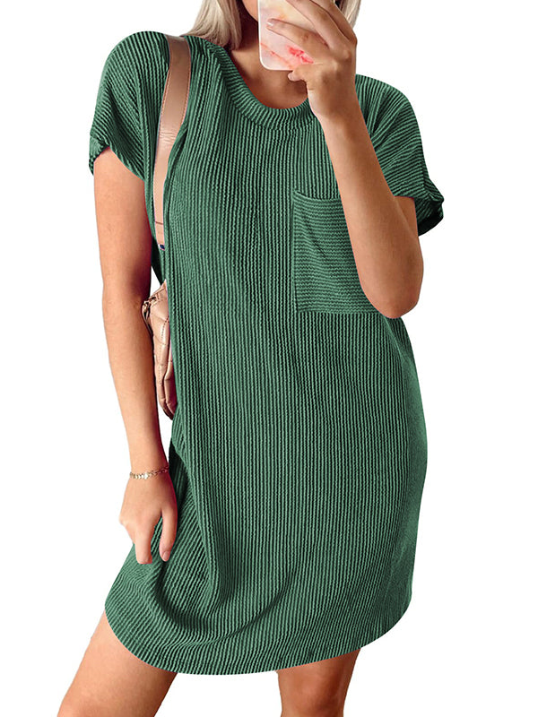 Contrast Color Pockets Split-Joint Striped A-Line Loose Round-Neck Mini Dresses