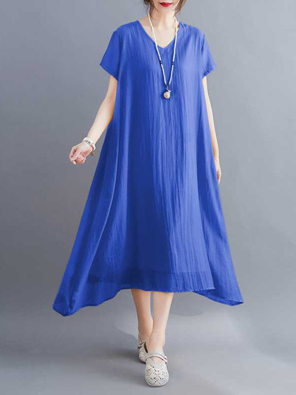 Solid Color A-Line Loose V-Neck Midi Dresses