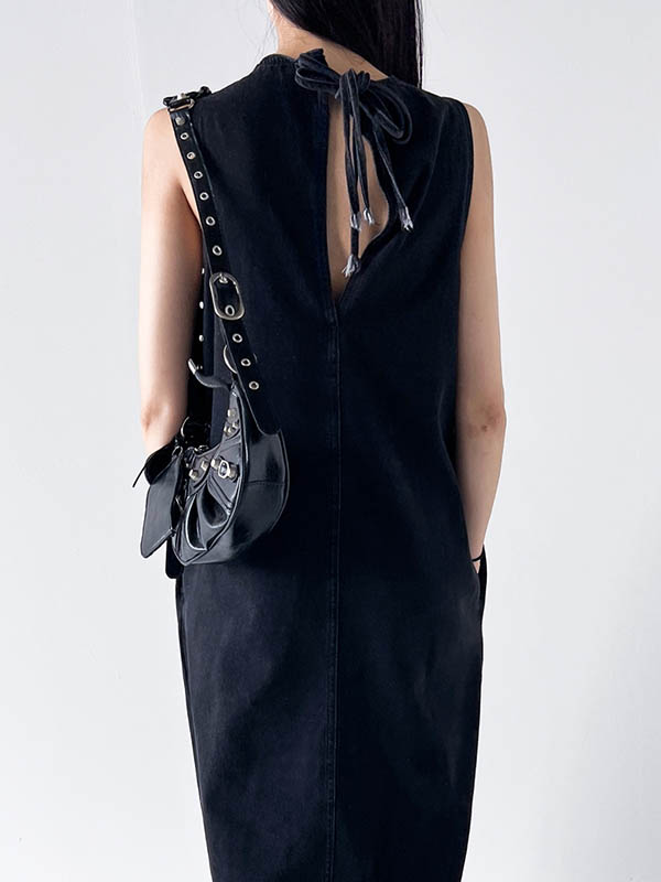 Pockets Solid Color Tied A-Line Loose Round-Neck Maxi Dresses