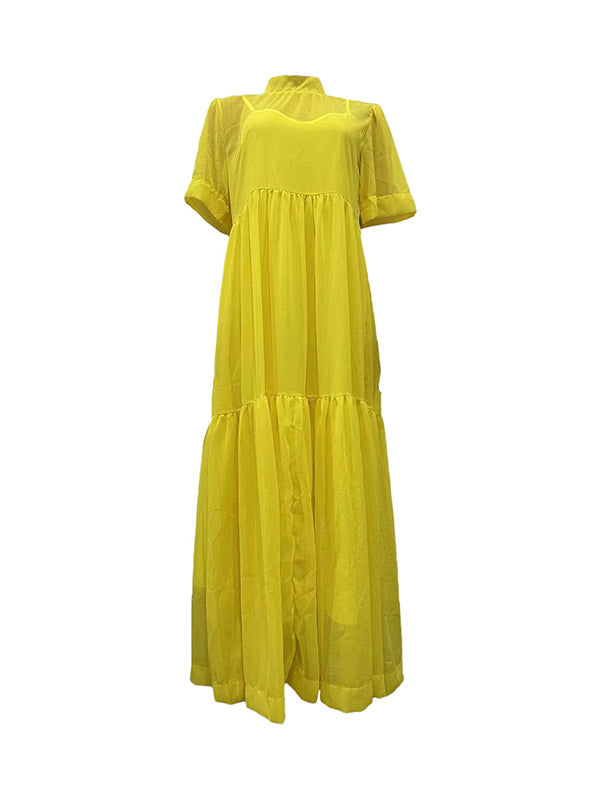 Mesh Pleated Solid Color Split-Joint Loose Plus Size Mock Neck Two Pieces Set Maxi Dresses