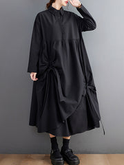 Buttoned Pleated Pockets Solid Color Tied A-Line Long Sleeves Lapel Shirt Dress Midi Dresses