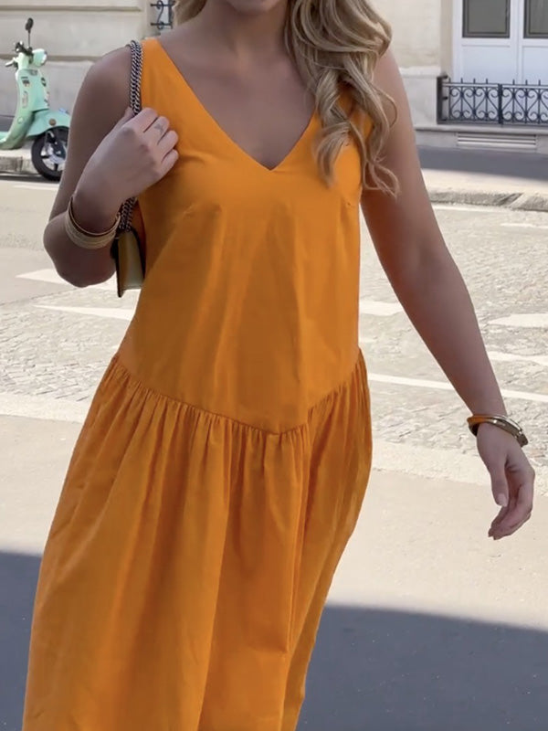 Pleated Solid Color Split-Joint A-Line Sleeveless V-Neck Maxi Dresses