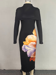 Bodycon Capelet Flower Print Mock Neck Midi Dresses