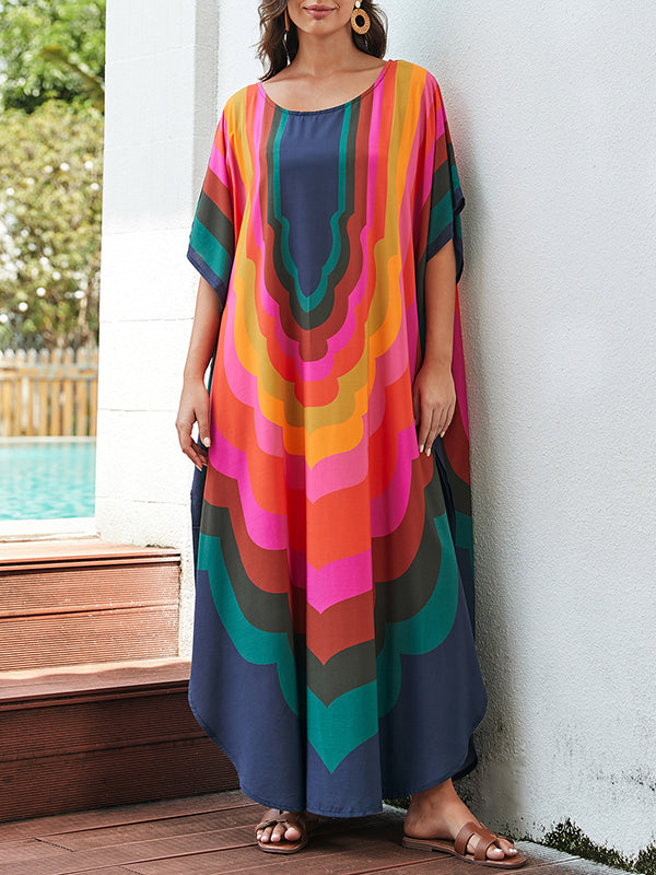 Contrast Color Printed Sun Protection Batwing Sleeves Loose Round-Neck Maxi Dresses