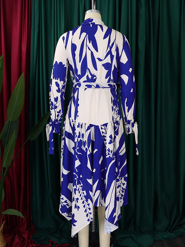 Lace-Up Pleated Printed Split-Joint Tied Waist Irregular clipping Long Sleeves Lapel Shirt Dress Maxi Dresses