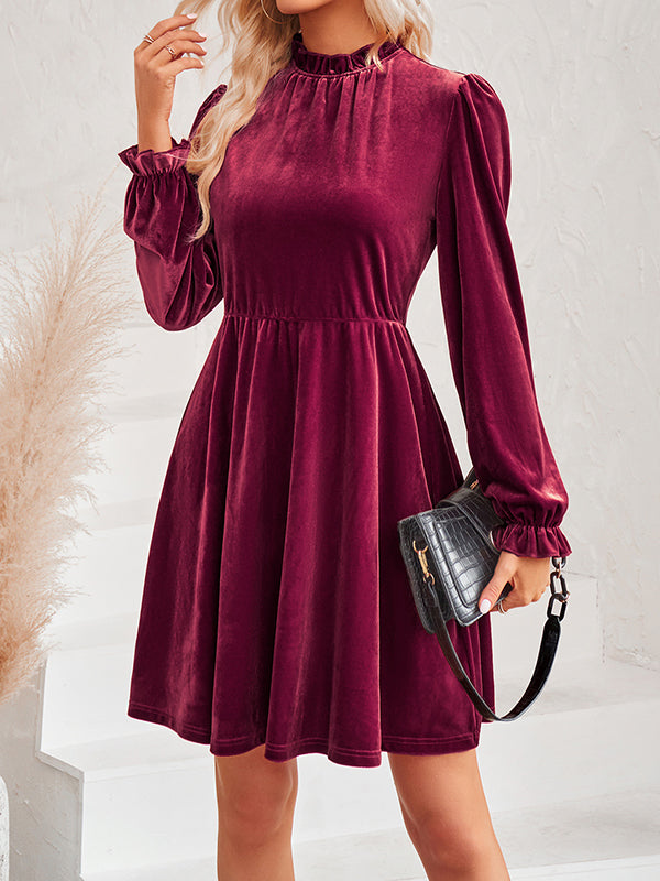 Hollow Ruffled Solid Color Velvet A-Line High Waisted Mock Neck Mini Dresses