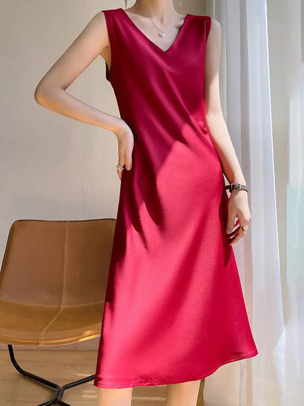 Solid Color A-Line Loose V-Neck Midi Dresses