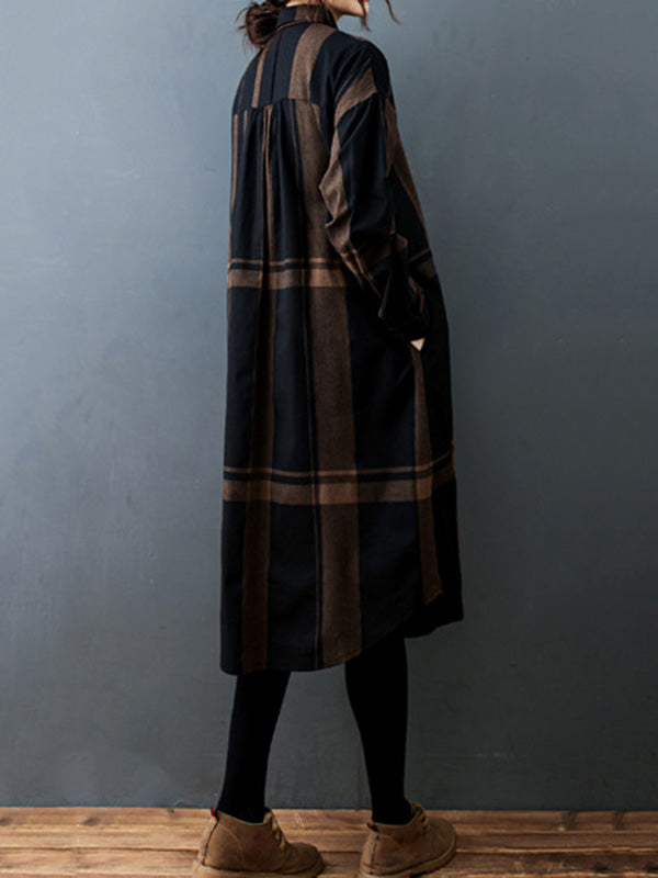 Vintage Solid Long Sleeve Pleats Blouse Shirt Dress
