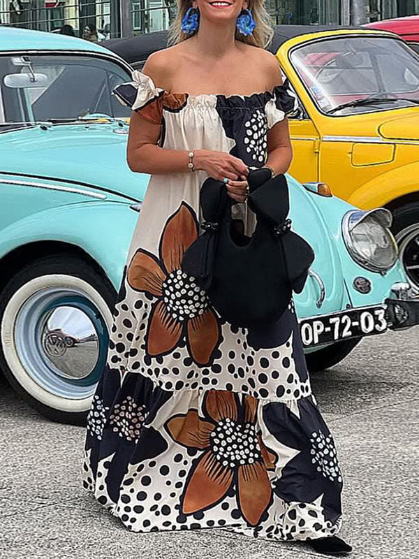 Flower Print Split-Joint Loose Short Sleeves Off-The-Shoulder Maxi Dresses