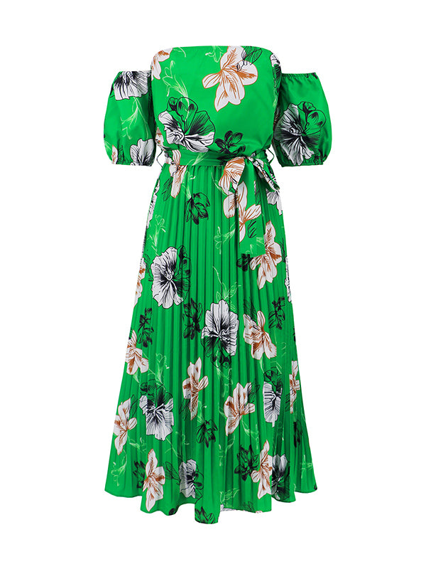 Elasticity Flower Print Pleated Split-Joint Tied Waist A-Line Loose Off-The-Shoulder Maxi Dresses