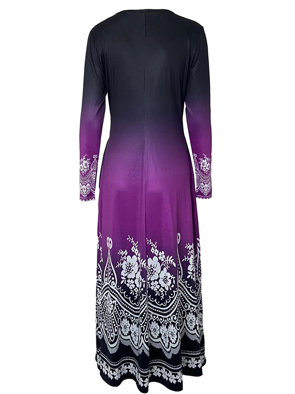 Contrast Color Floral Printed Long Sleeves Round-neck Maxi Dresses