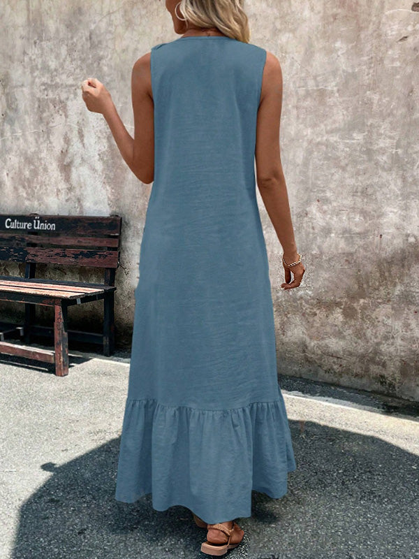 Pleated Ruffle Trim Solid Color A-Line Loose V-Neck Maxi Dresses
