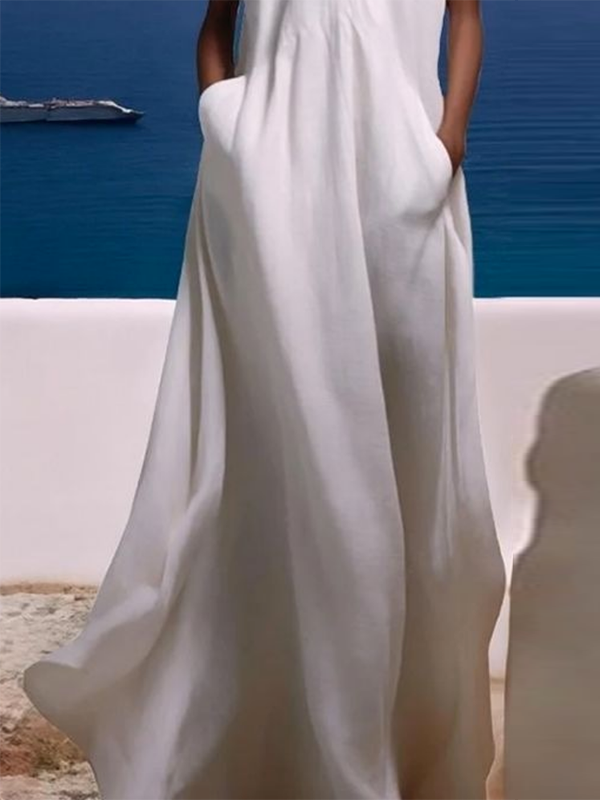 Pockets Solid Color Cap Sleeve Loose V-neck Maxi Dresses