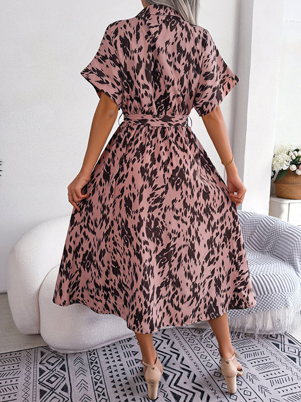 Leopard Ribbed Loose Short Sleeves Lapel Midi Dresses