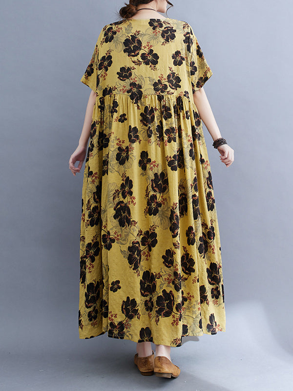 Pleated Printed Split-Joint Loose Short Sleeves Round-Neck Midi Dresses