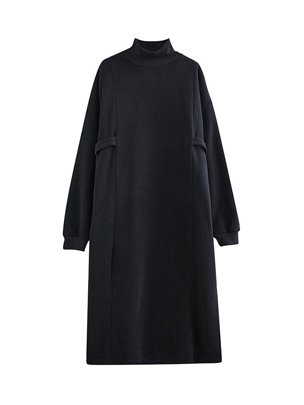 Solid Color A-Line Long Sleeves Mock Neck Midi Dresses