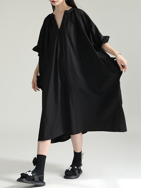 Adjustable Drawstring Pleated Solid Color Loose Raglan Sleeve V-Neck Shirt Dress Midi Dresses