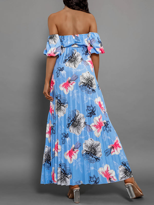 Elasticity Flower Print Pleated Split-Joint Tied Waist A-Line Loose Off-The-Shoulder Maxi Dresses