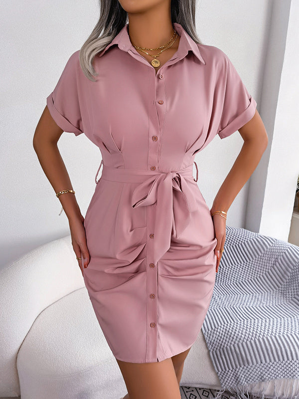 Bandage Pleated Solid Color Short Sleeves Lapel Mini Dresses