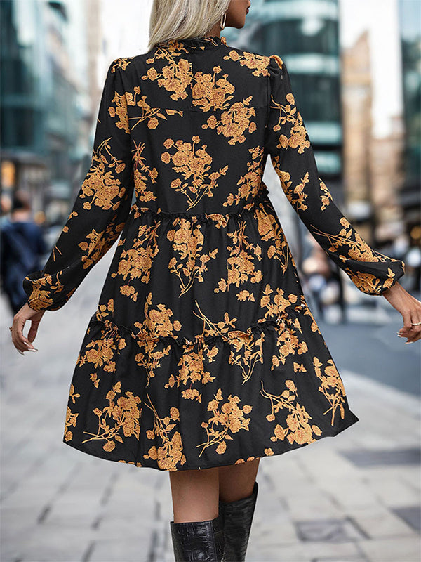 Elasticity Flower Print Split-Joint A-Line High Waisted Round-Neck Mini Dresses