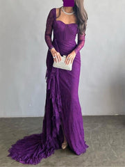 Mesh See-Through Split-side Long Sleeves Mermaid Square-neck Maxi Dresses Evening Dresses