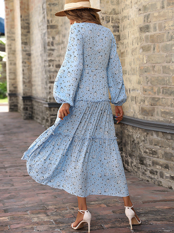 Vacation Puff Sleeves Floral Printed V-Neck Dress