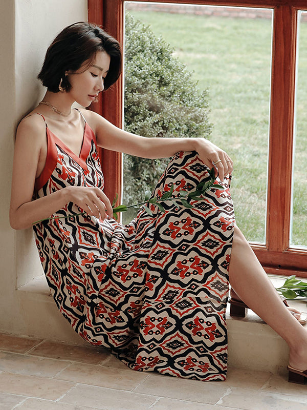 Vacation H-Line Floral Printed V-Neck Dress
