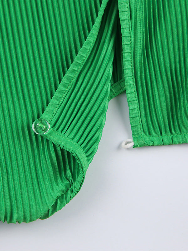 High-Waisted Pleated Solid Color Zipper A-line Flared Sleeves Round-neck Mini Dresses