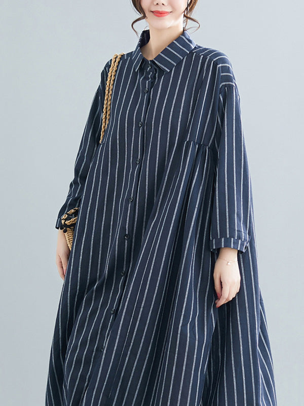 Simple Striped Buttoned Lapel Long Sleeves Shirt Dress