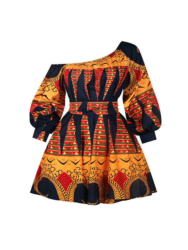 Elasticity Printed Tied Waist High Waisted Loose One-Shoulder Mini Dresses