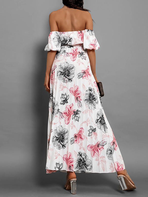 Elasticity Flower Print Pleated Split-Joint Tied Waist A-Line Loose Off-The-Shoulder Maxi Dresses