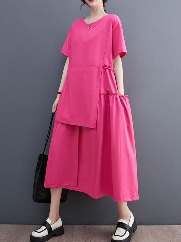 Solid Color Split-Joint Loose Short Sleeves Round-neck Midi Dresses