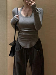 Solid Halter Backless Curvy Hem Long Sleeve Knit