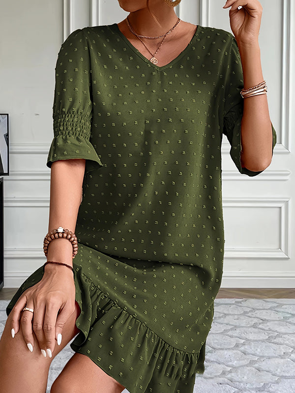 Elasticity Jacquard Pleated Solid Color Split-Joint A-Line Flared Sleeves V-Neck Mini Dresses