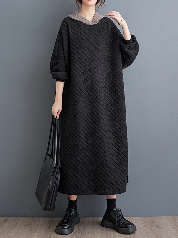 Hooded Quilted Split-Side A-Line Long Sleeves Midi Dresses